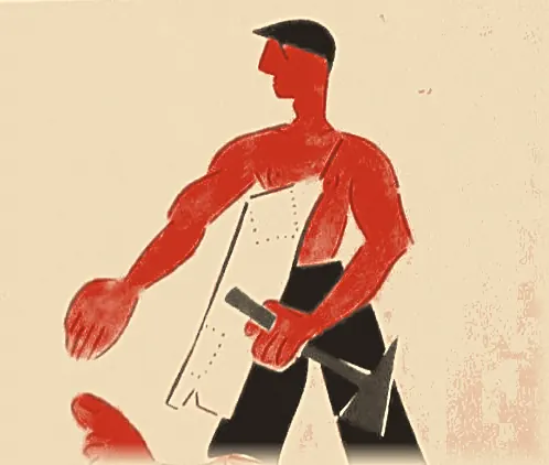 Рабочий в фартуке идёт с инструментом в руке. «Окно РОСТА» № 599, 1920.